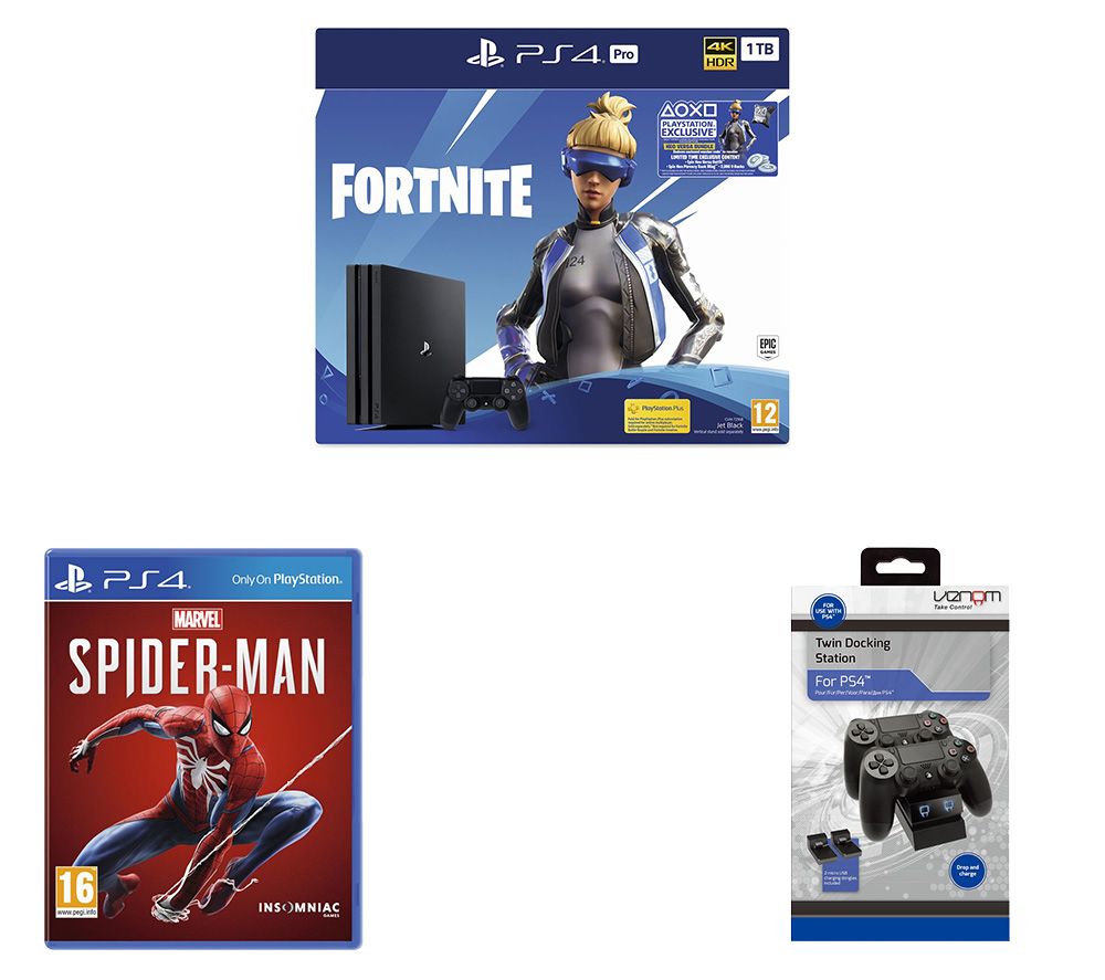 SONY PlayStation 4 Pro with Fortnite Neo Versa, Spider-Man & Twin Docking Station Bundle, Red