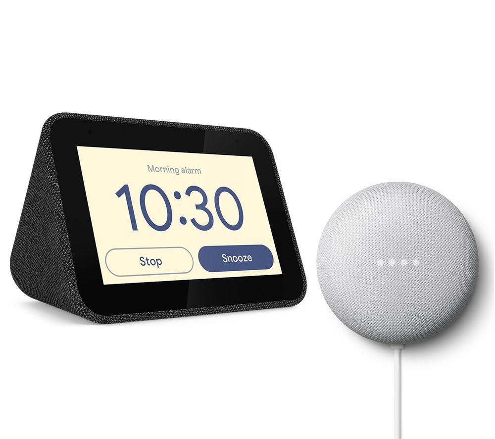 LENOVO Smart Clock with Google Assistant & Chalk Google Nest Mini (2nd Gen) Bundle - Black, Black