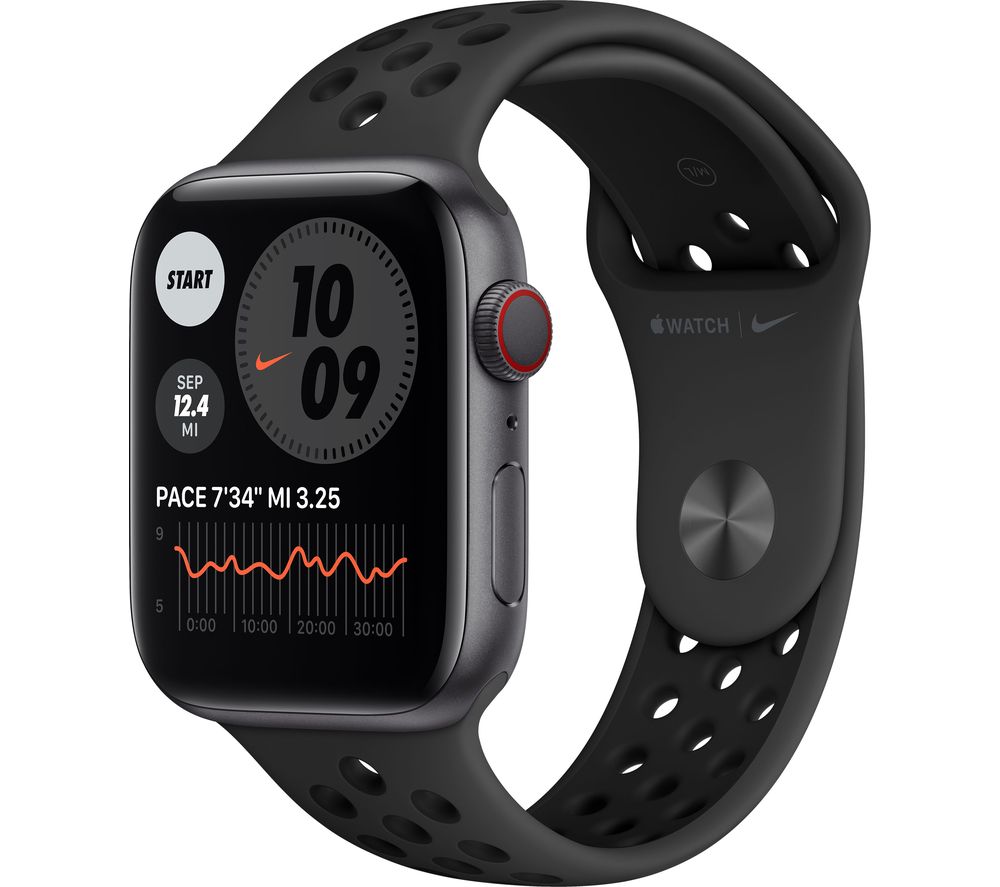 APPLE Watch Series 6 Cellular - Space Grey Aluminum with Black Nike Sports Band, 44 mm, Grey