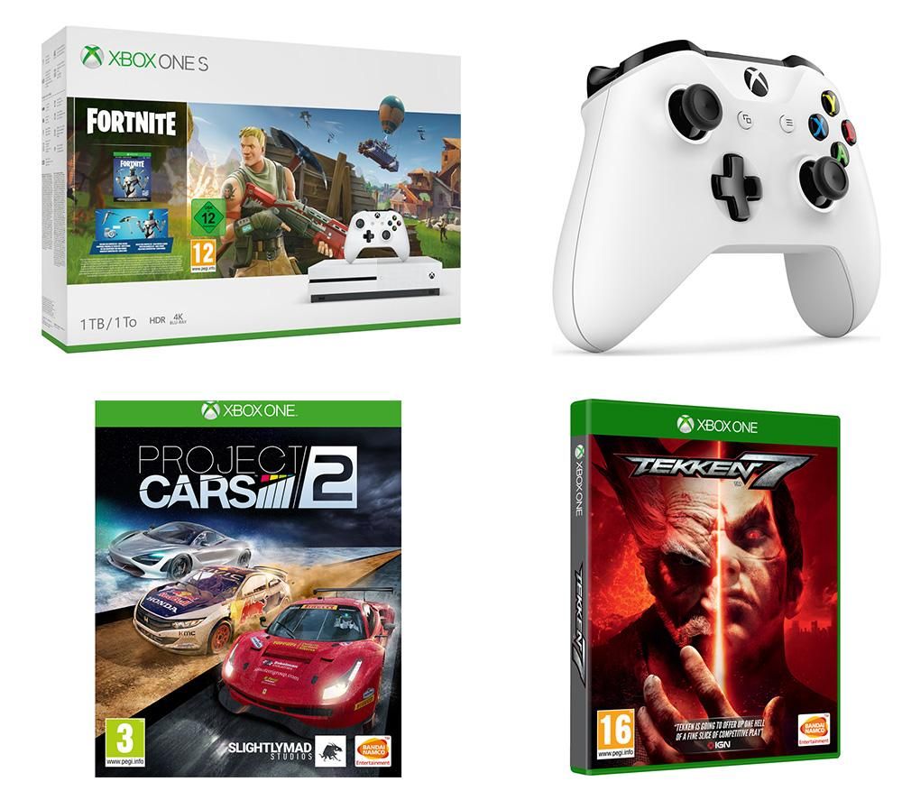 MICROSOFT Xbox One S, Fortnite Battle Royale, Tekken 7, Project Cars 2 & Wireless Controller Bundle, Snow