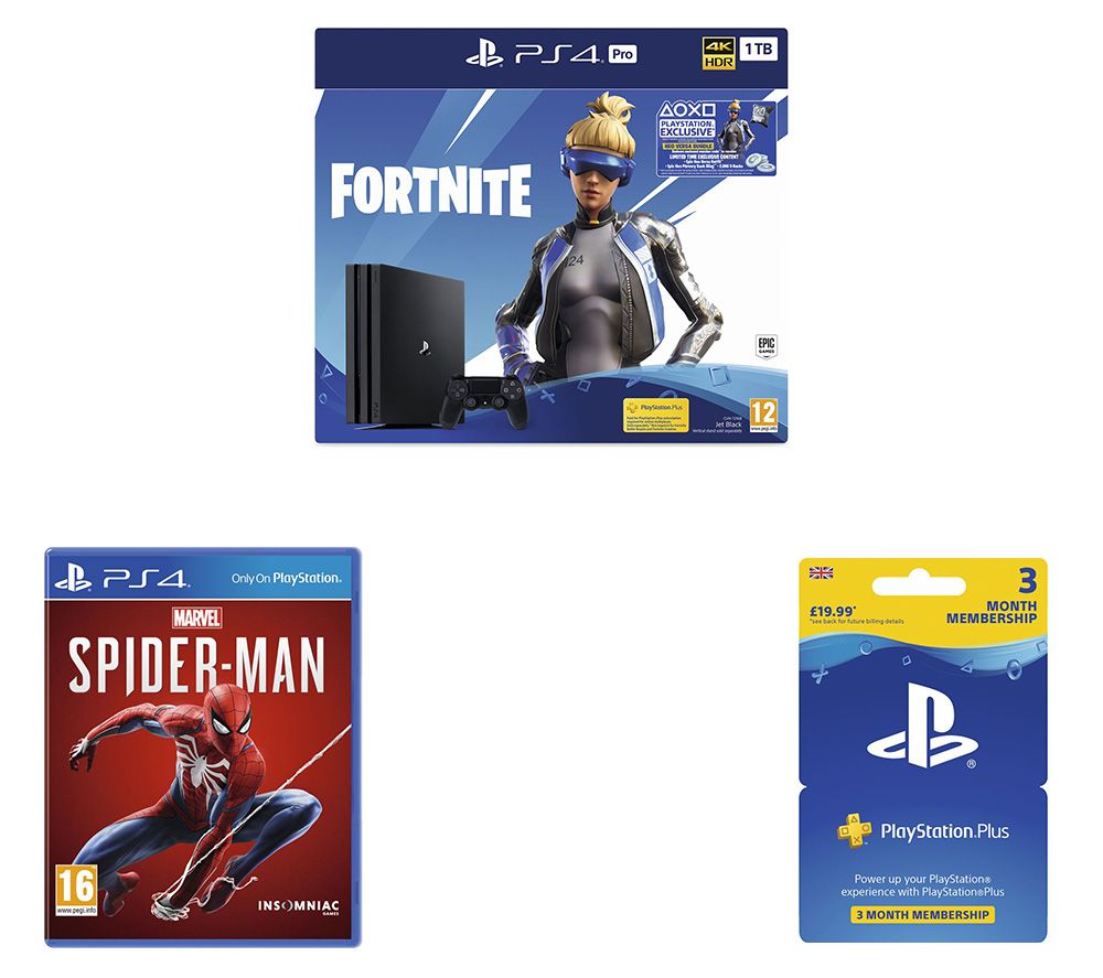 SONY PlayStation 4 Pro with Fortnite Neo Versa, Spider-Man & PlayStation Plus Bundle