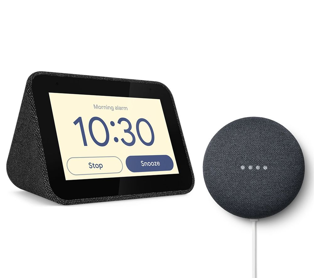 LENOVO Smart Clock with Google Assistant & Charcoal Google Nest Mini (2nd Gen) Bundle - Black, Charcoal