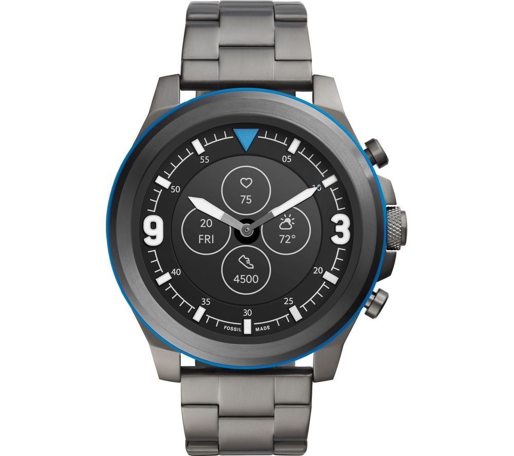FOSSIL Latitude Hybrid HR FTW7022 Smartwatch - Smoke & Blue, Stainless Steel Strap, 50 mm, Stainless Steel