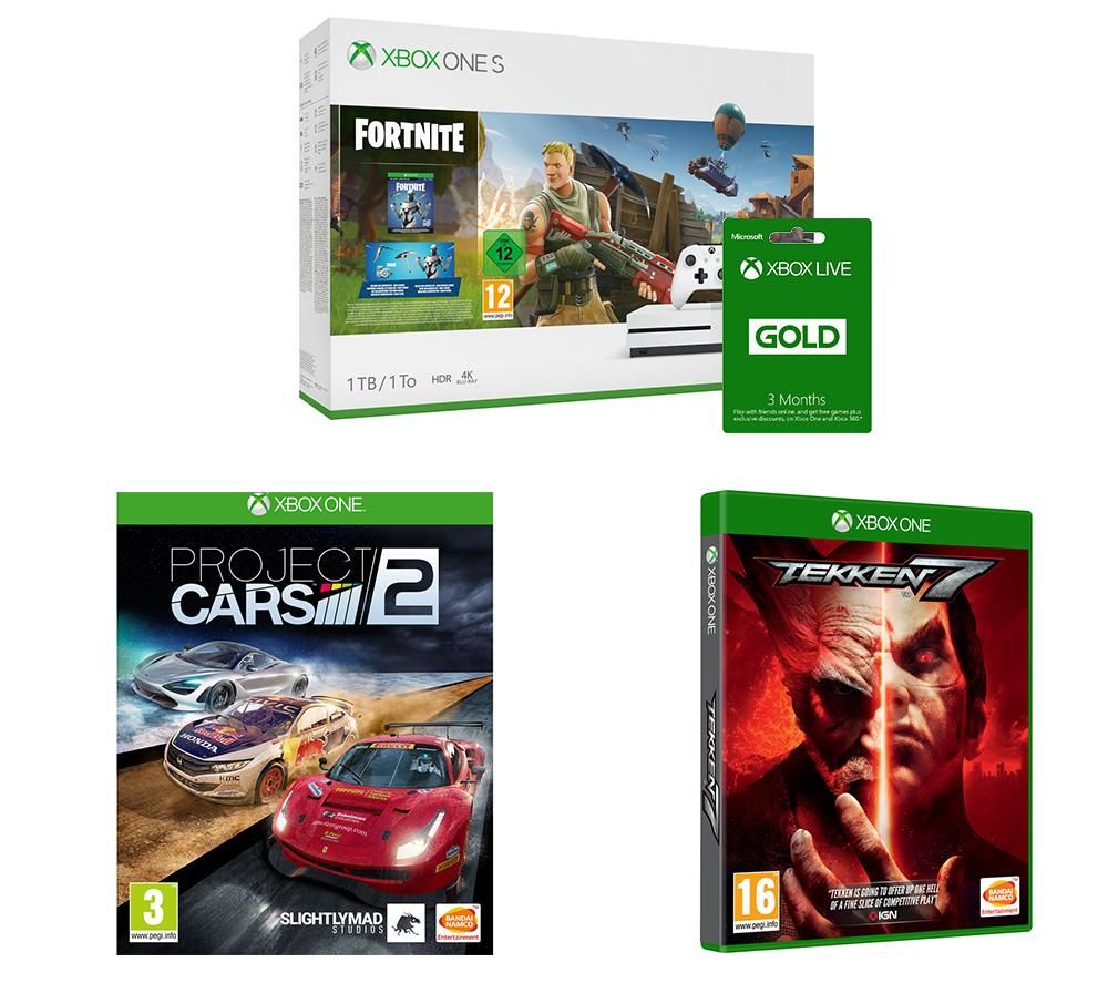 MICROSOFT Xbox One S, Fortnite Battle Royale, Tekken 7, Project Cars 2 & Xbox LIVE Gold Bundle, Gold