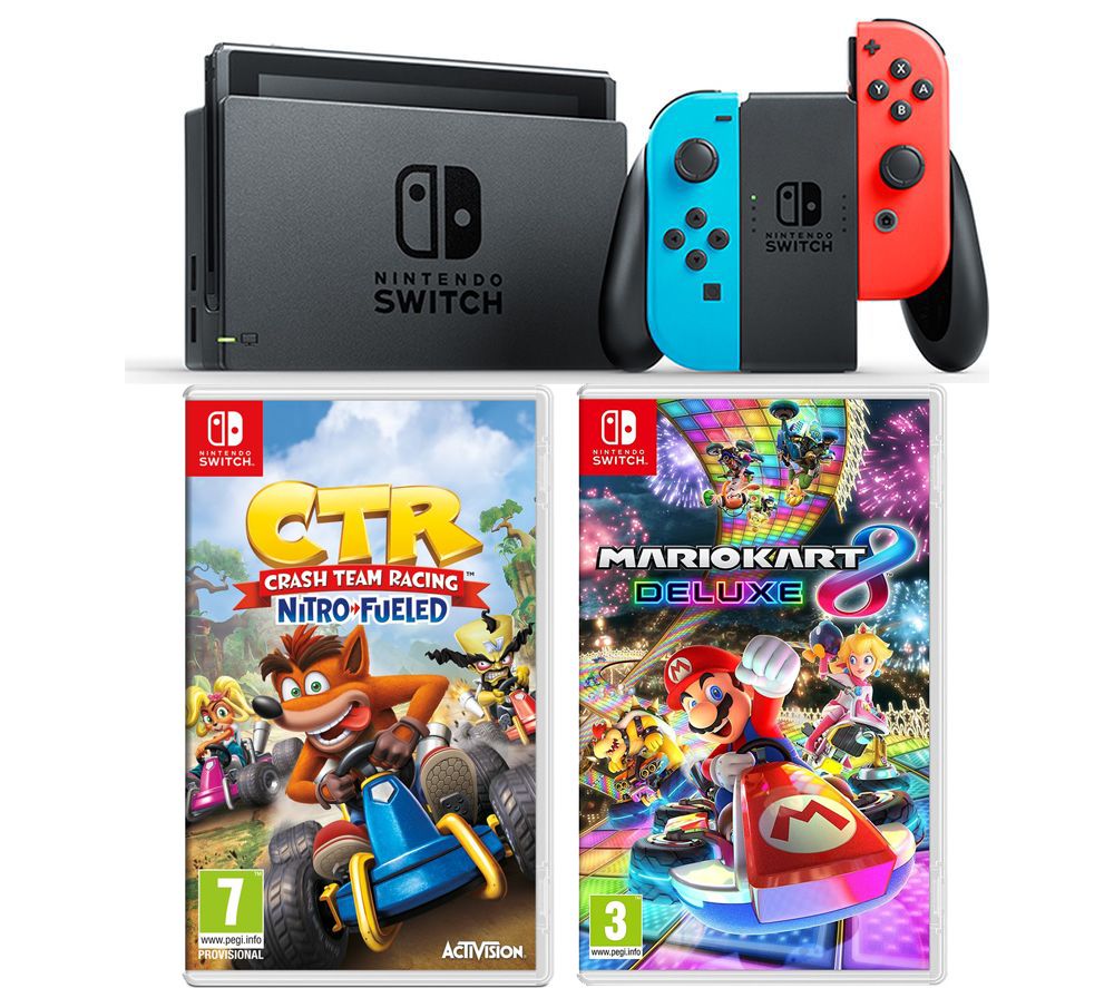 NINTENDO Switch Neon Red, Crash Team Racing - Nitro-Fuelled & Mario Kart 8 Deluxe Bundle, Neon