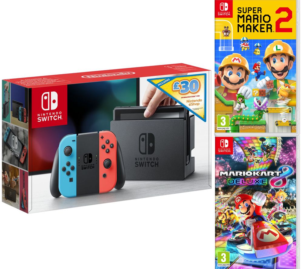 NINTENDO Switch Neon with £30 eShop Credit, Super Mario Maker 2 & Mario Kart 8 Deluxe Bundle, Neon