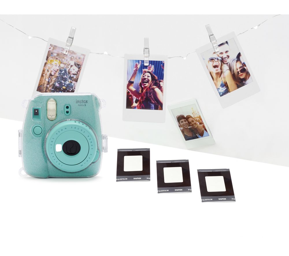 INSTAX mini 9 Instant Camera with Film, Case, LED Peg Lights & Frame Stickers Bundle - Aquamarine, Aquamarine