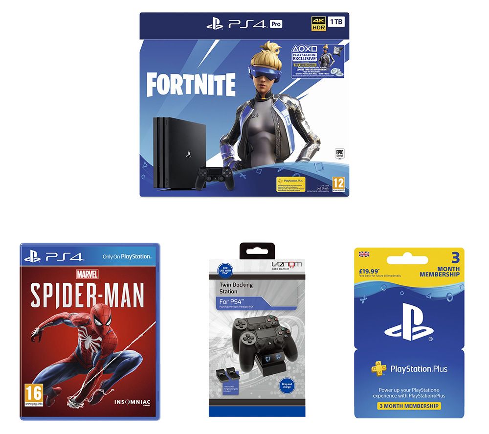 SONY PlayStation 4 Pro with Fortnite Neo Versa, Spider-Man, Docking Station & PlayStation Plus Bundle, Red