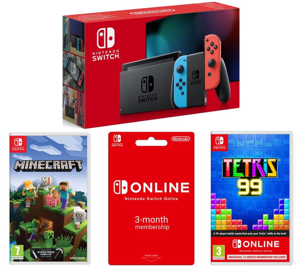 NINTENDO Switch Neon, Minecraft, Tetris 99 & 3 Month Switch Online Membership Bundle, Neon