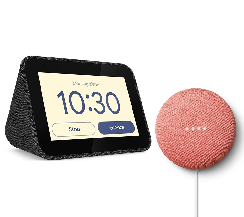 LENOVO Smart Clock with Google Assistant & Coral Google Nest Mini (2nd Gen) Bundle - Black, Coral