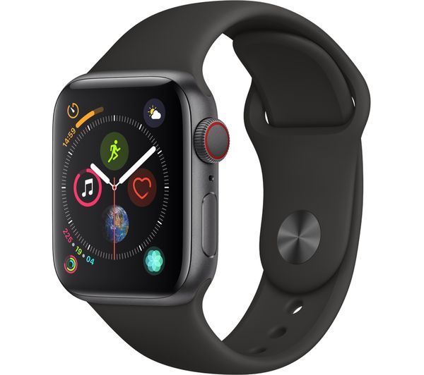 APPLE Watch Series 4 Cellular - Space Grey & Black Sports Band, 40 mm, Grey