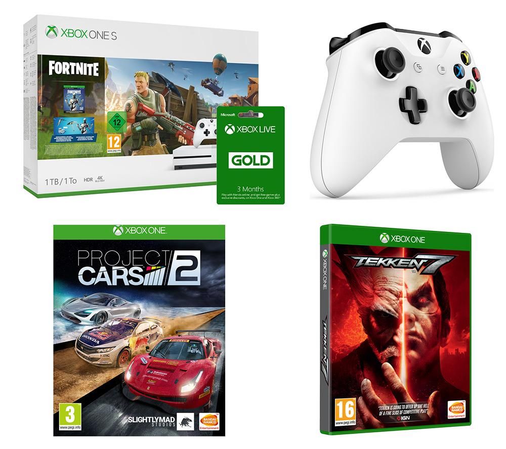 MICROSOFT Xbox One S, Fortnite Battle Royale, Tekken 7, Project Cars 2, Wireless Controller & Xbox LIVE Gold Bundle, Gold