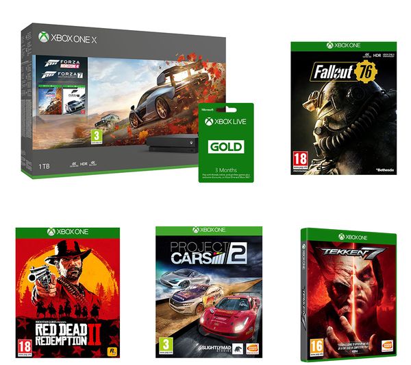 MICROSOFT Xbox One X, LIVE Gold Membership, Forza Horizon 4, Forza Motorsport 7, Tekken 7, Red Dead Redemption 2, Fallout 76 & Project Cars 2 Bundle, Gold
