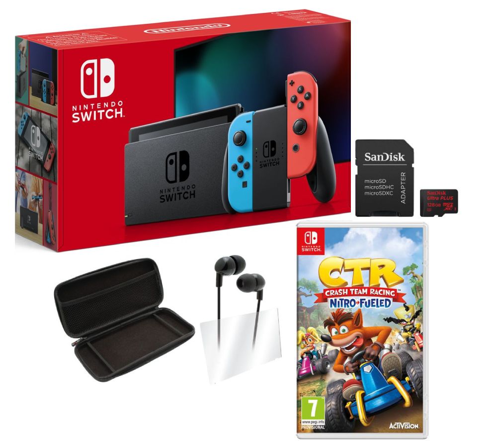 NINTENDO Switch Neon Red, Crash Team Racing - Nitro-Fuelled, 128 GB Memory Card & Starter Kit Bundle, Neon