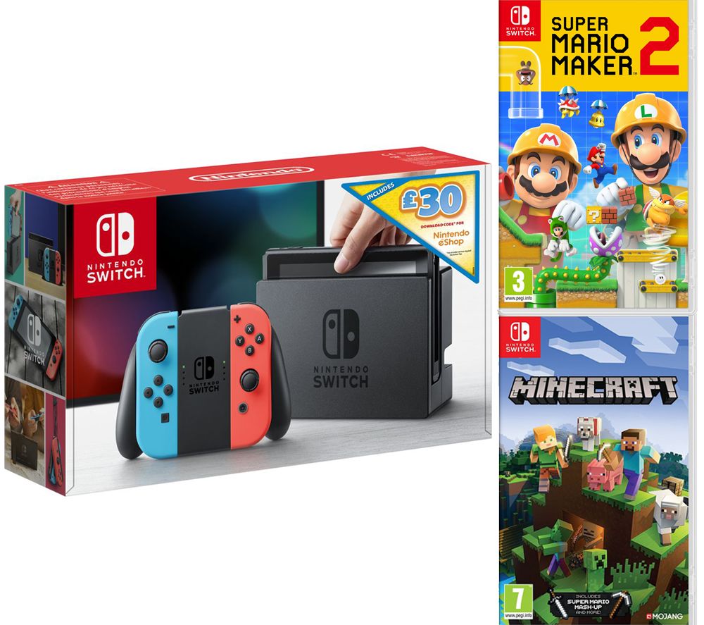 NINTENDO Switch Neon with £30 eShop Credit, Super Mario Maker 2 & Minecraft Bundle, Neon