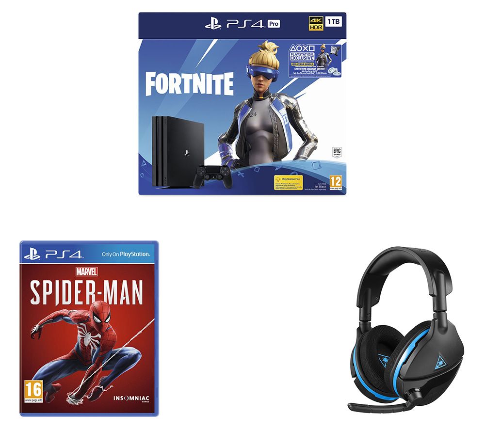 SONY PlayStation 4 Pro with Fortnite Neo Versa, Spider-Man & Wireless Gaming Headset Bundle, Black