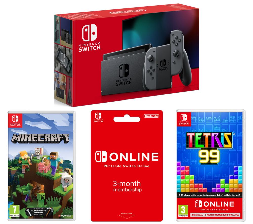 NINTENDO Switch Grey, Minecraft, Tetris 99 & 3 Month Switch Online Membership Bundle, Grey