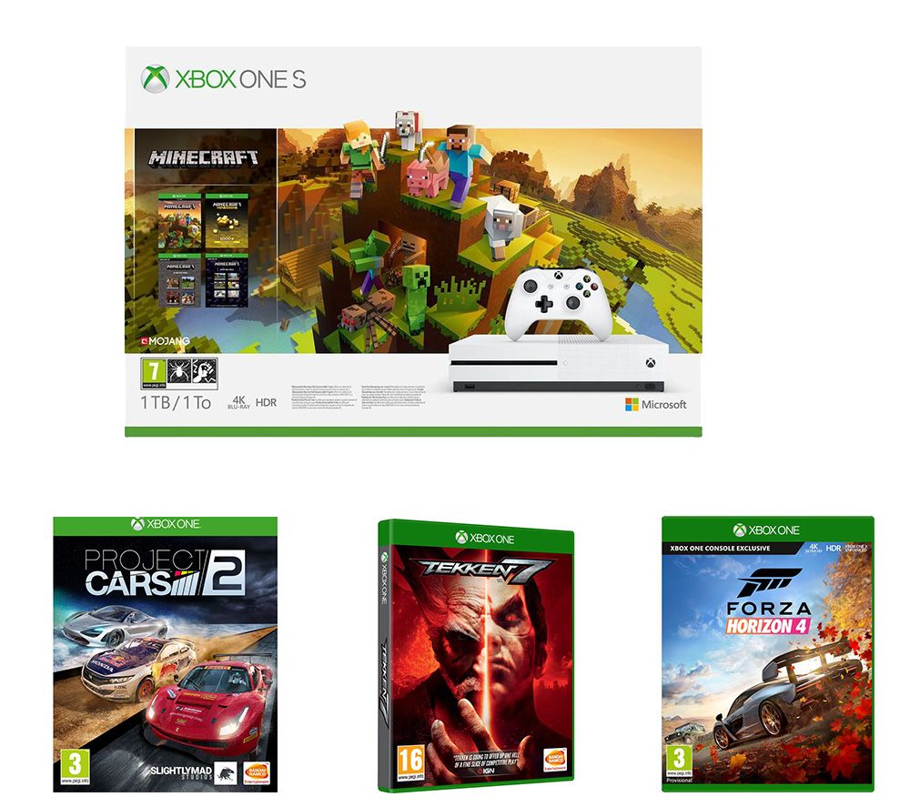 MICROSOFT Xbox One S, Minecraft Holiday Edition, Forza Horizon 4, Tekken 7 & Project Cars 2 Bundle, Snow