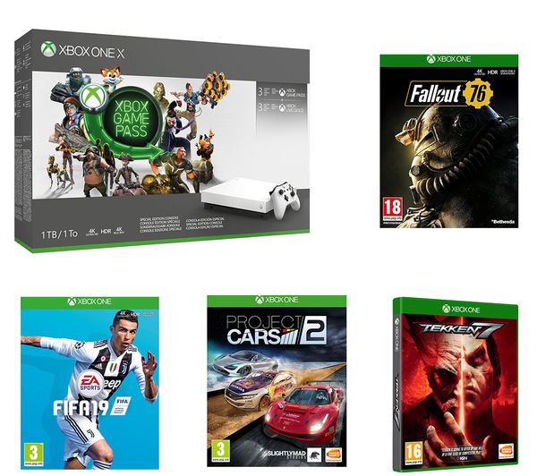 MICROSOFT Xbox One X, Game Pass, LIVE Gold Membership, Project Cars 2, Fallout 76, Tekken 7 & FIFA 19 Bundle, Gold