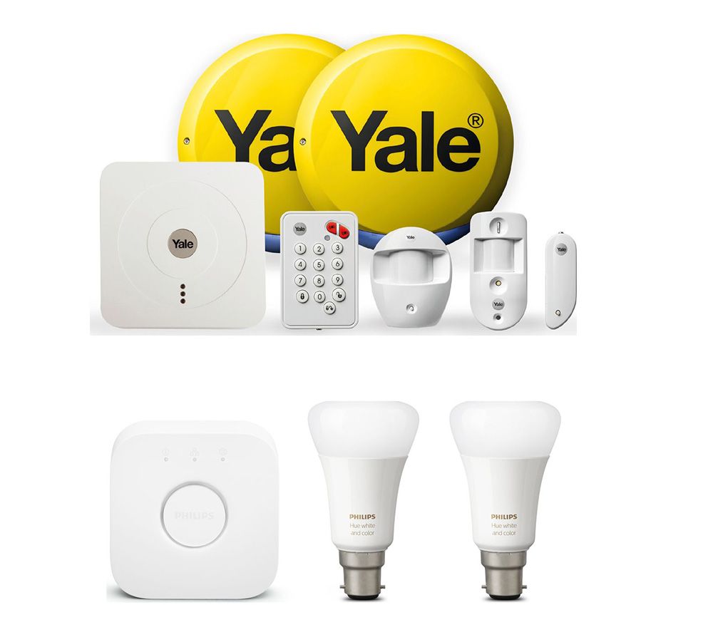 YALE SR-330 Smart Home Alarm & View Kit & Hue White and Colour Ambience Mini Smart Bulb Starter Kit Bundle, White