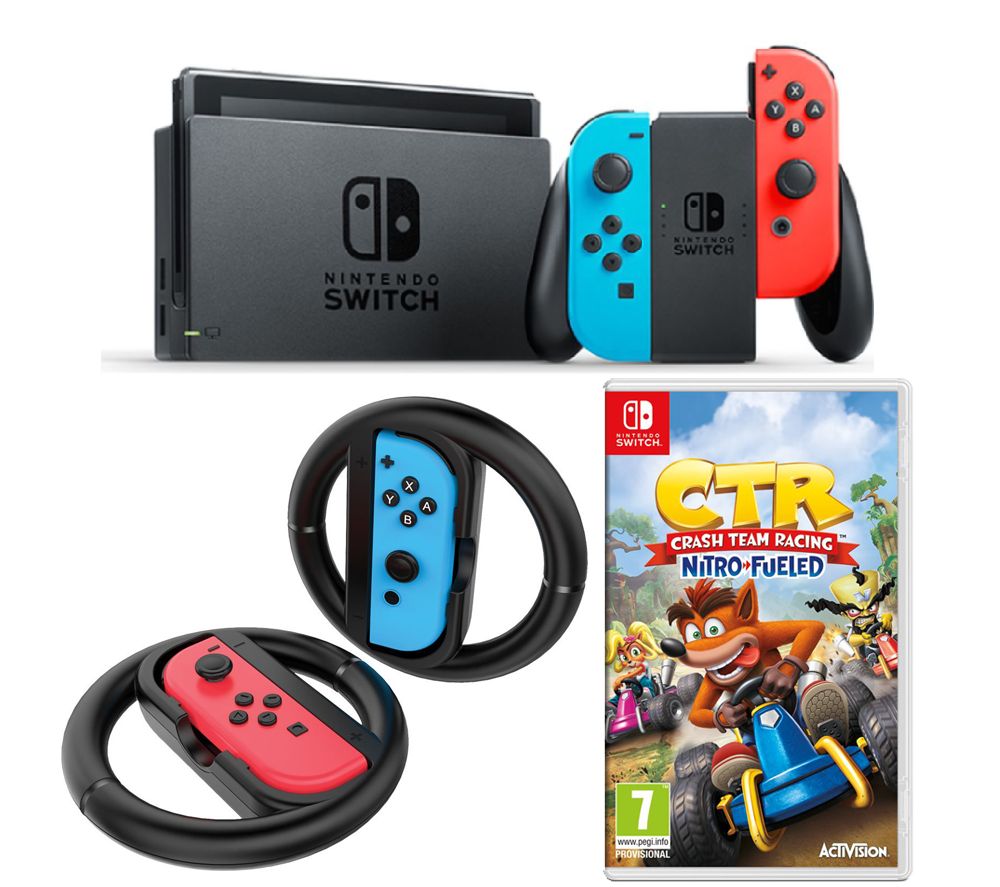 NINTENDO Switch Neon Red, Crash Team Racing - Nitro-Fuelled & Racing Wheels Bundle, Neon