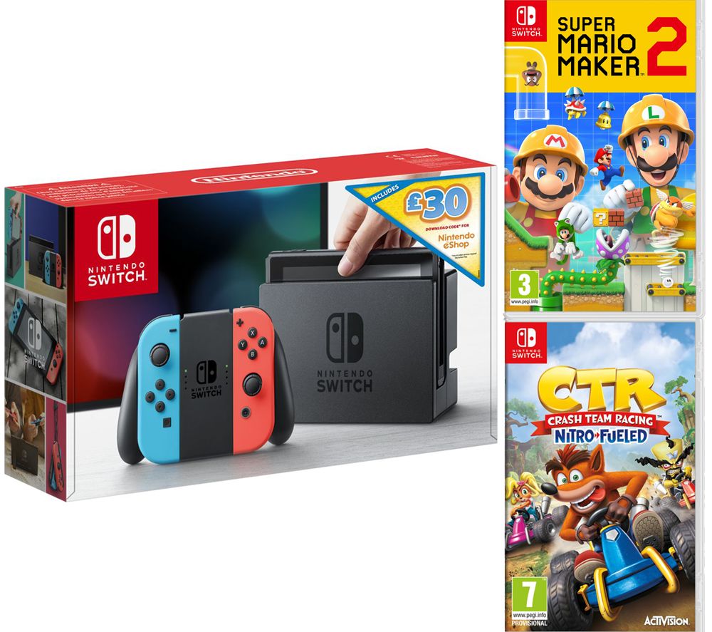 NINTENDO Switch Neon with £30 eShop Credit, Super Mario Maker 2 & Crash Team Racing Bundle, Neon