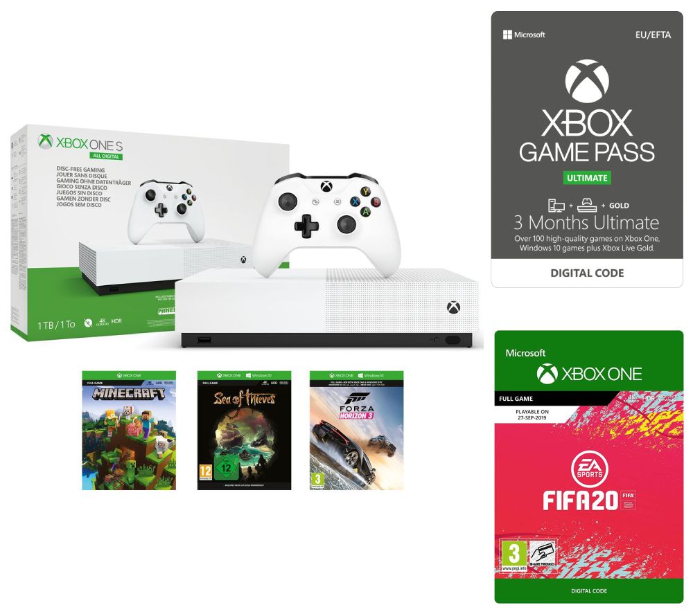 MICROSOFT Xbox One S All-Digital Edition with FIFA 20, 3 Months Game Pass, Minecraft, Forza Horizon 2, Sea of Thieves & LIVE Gold Subscription, Gold