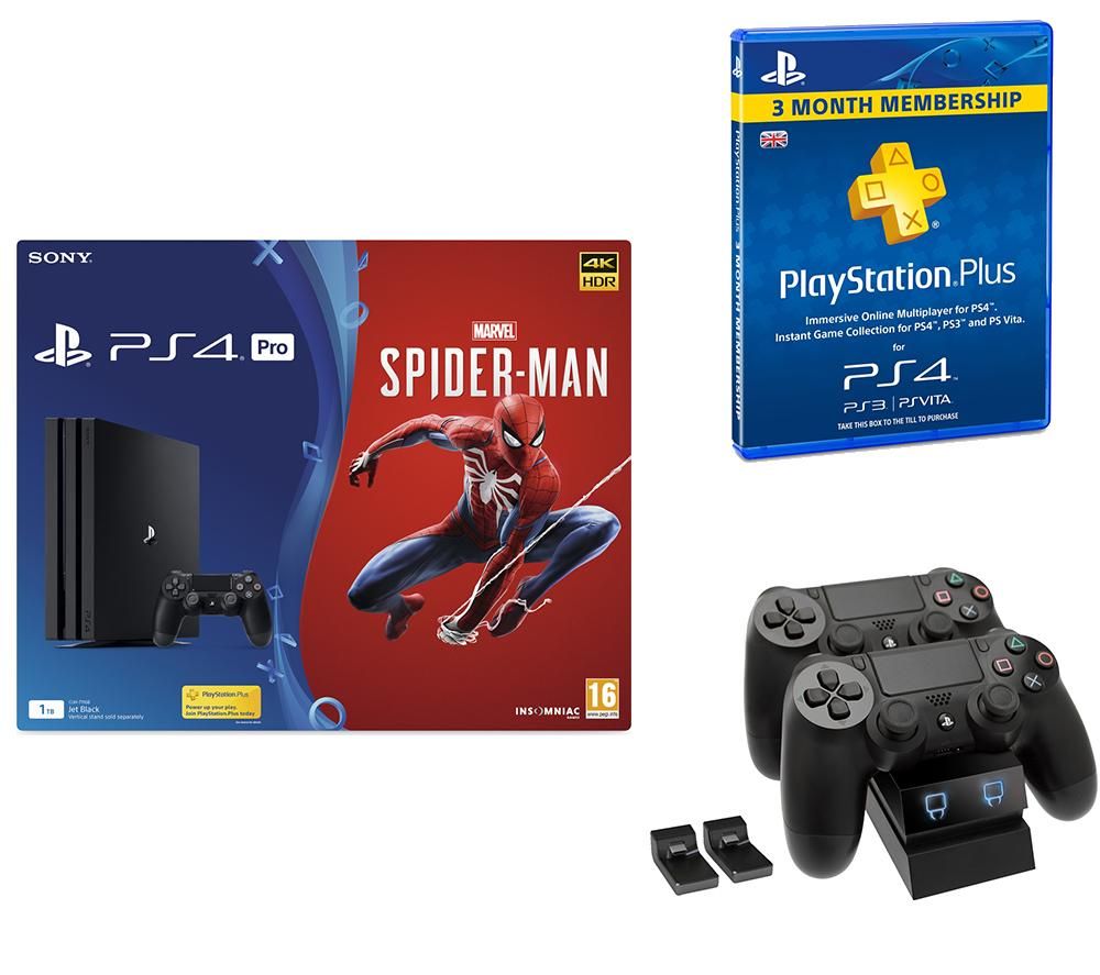 SONY PlayStation 4 Pro with Spider-Man, Twin Docking Station & 3 Month Subscription Bundle, Red