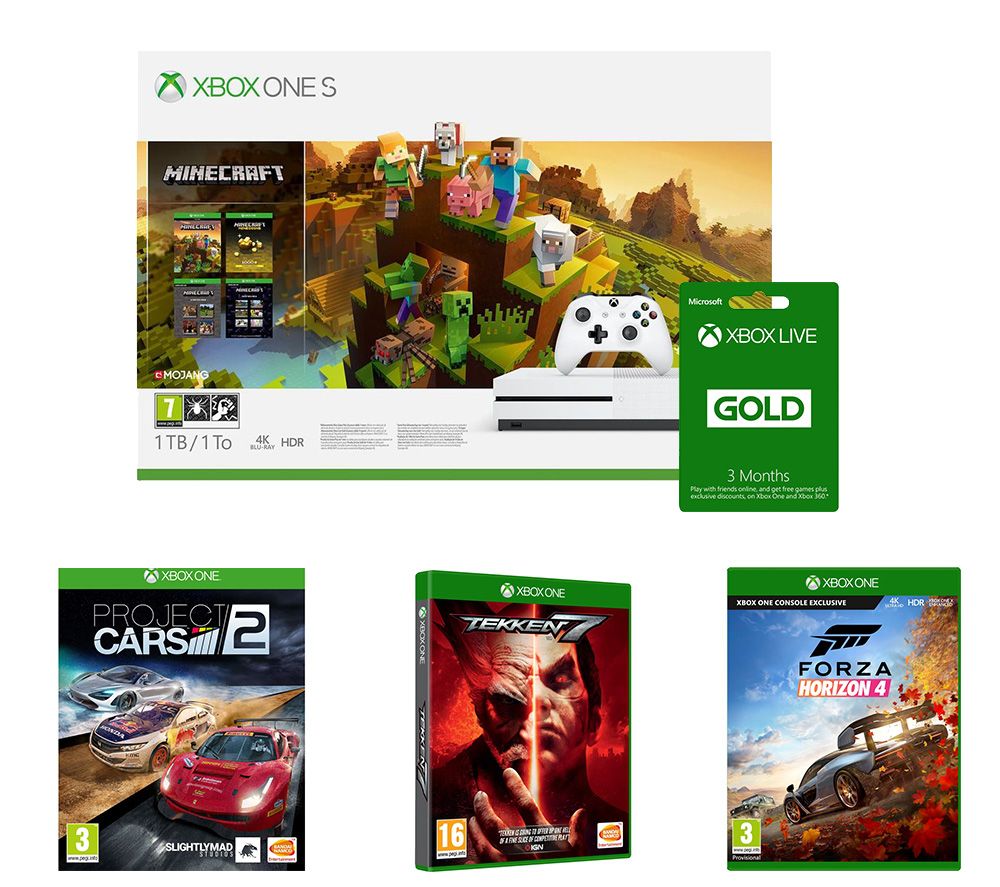 MICROSOFT Xbox One S, Minecraft Holiday Edition, Forza Horizon 4, Tekken 7, Project Cars 2 & Xbox LIVE Gold Bundle, Gold