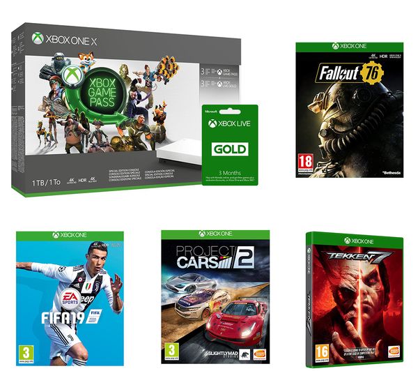 MICROSOFT Xbox One X, Game Pass, LIVE Gold Membership x 2, Tekken 7, FIFA 19, Fallout 76 & Project Cars 2 Bundle, Gold