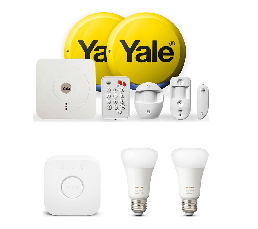 YALE SR-330 Smart Home Alarm & View Kit & Hue White and Colour Ambience Mini Smart Bulb Starter Kit Bundle, White