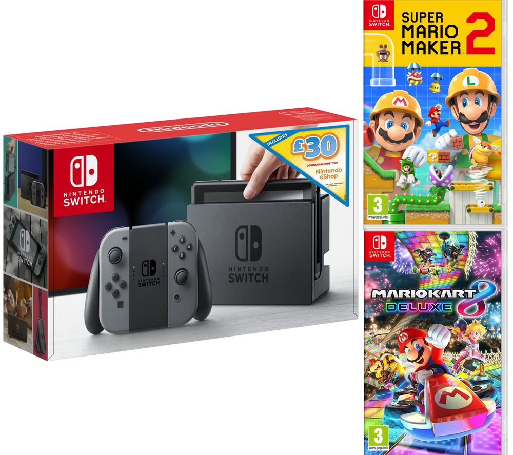 NINTENDO Switch Grey with £30 eShop Credit, Super Mario Maker 2 & Mario Kart 8 Deluxe Bundle, Grey