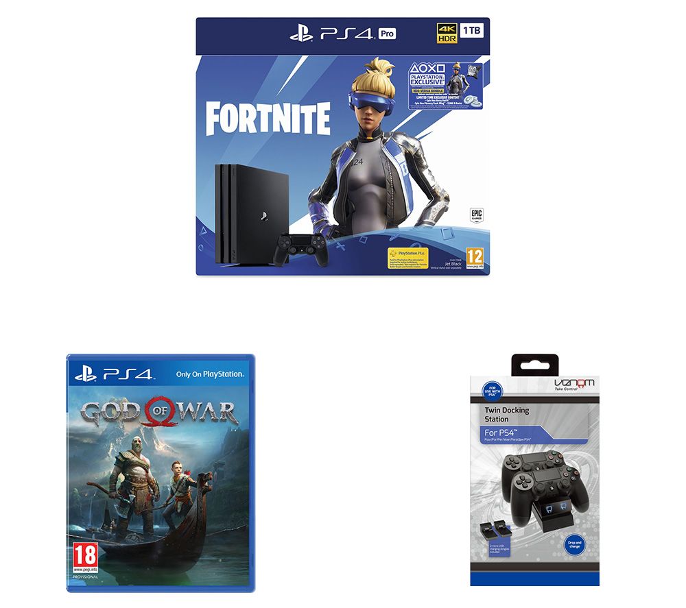 SONY PlayStation 4 Pro with Fortnite Neo Versa, Twin Docking Station & God of War Bundle, Red