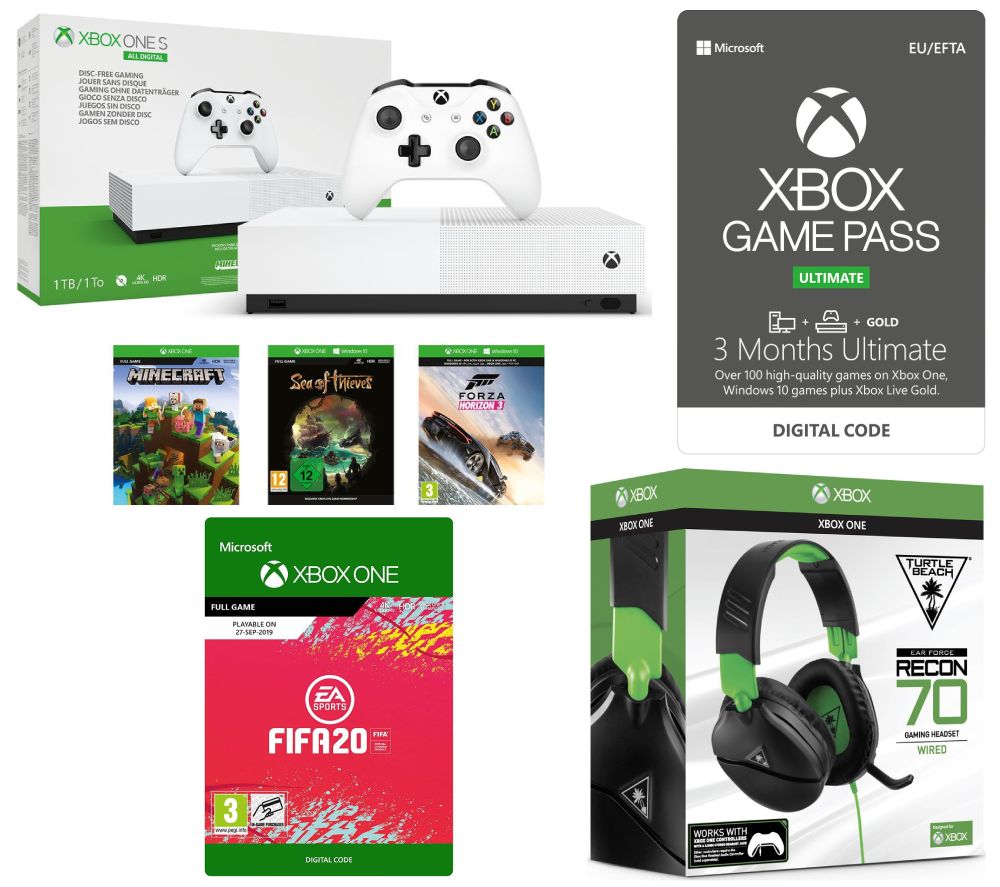 MICROSOFT Xbox One S All-Digital Edition with FIFA 20, 3 Months Game Pass, LIVE Gold Subscription & Headset Bundle, Gold