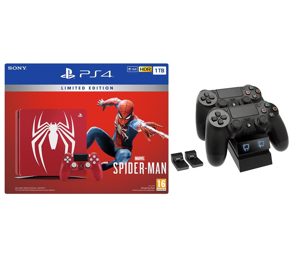 SONY PlayStation 4 Slim Limited Edition, Spider-Man & Twin Docking Station Bundle, Red