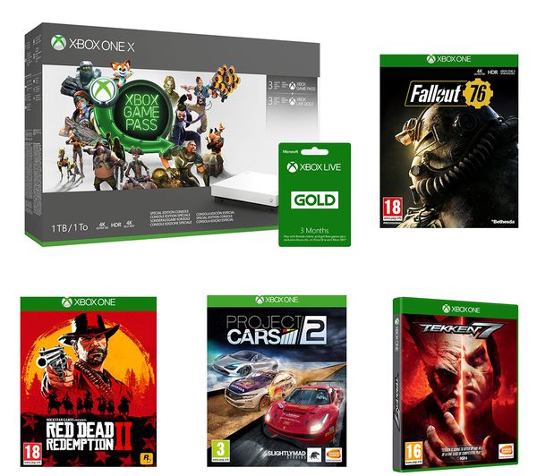 MICROSOFT Xbox One X, Game Pass, LIVE Gold Membership, Project Cars 2, Fallout 76, Tekken 7 & Red Dead Redemption 2 Bundle, Gold