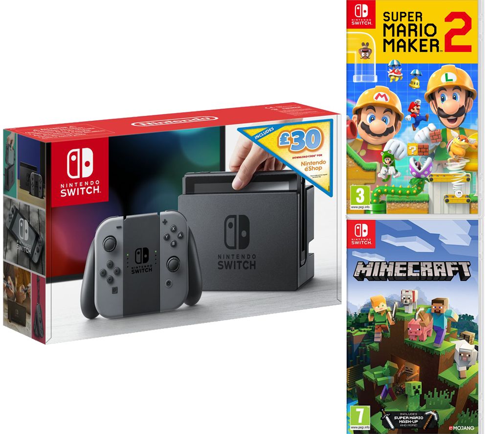 NINTENDO Switch Grey with £30 eShop Credit, Super Mario Maker 2 & Minecraft Bundle, Grey