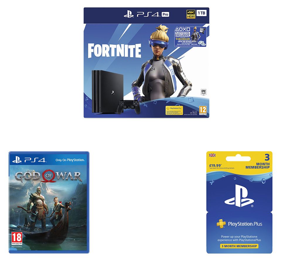 SONY PlayStation 4 Pro with Fortnite Neo Versa, PlayStation Plus 3 Month Subscription & God of War Bundle