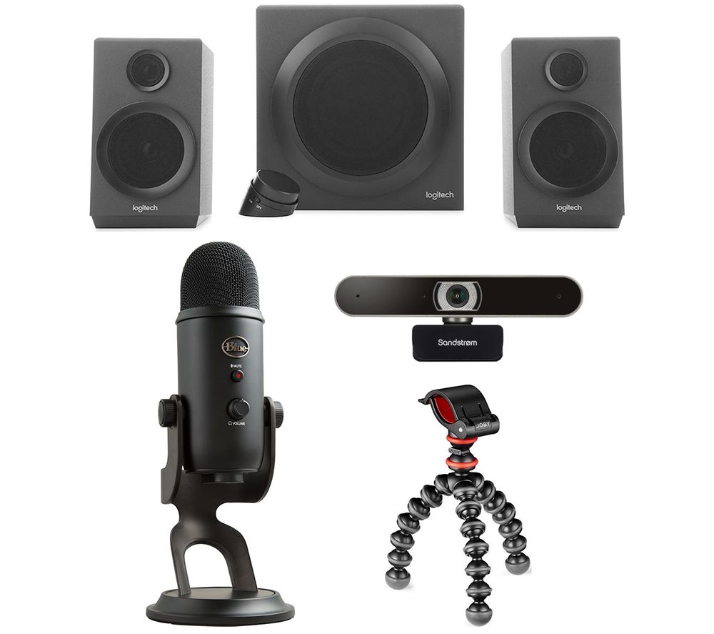 SANDSTROM Yeti Professional USB Microphone, Gorillapod Starter Kit, Full HD Webcam & 2.1 PC Speakers Bundle