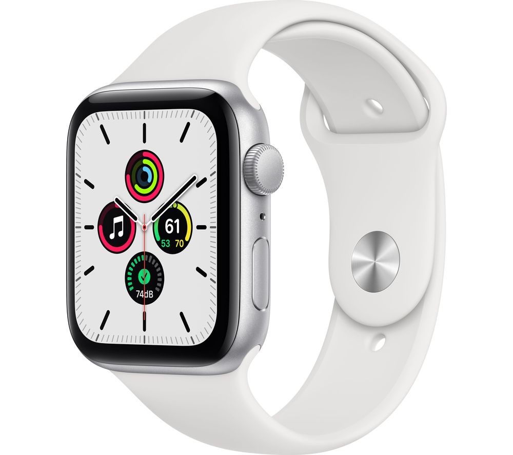 APPLE Watch SE - Silver Aluminium with White Sports Band, 44 mm, Silver