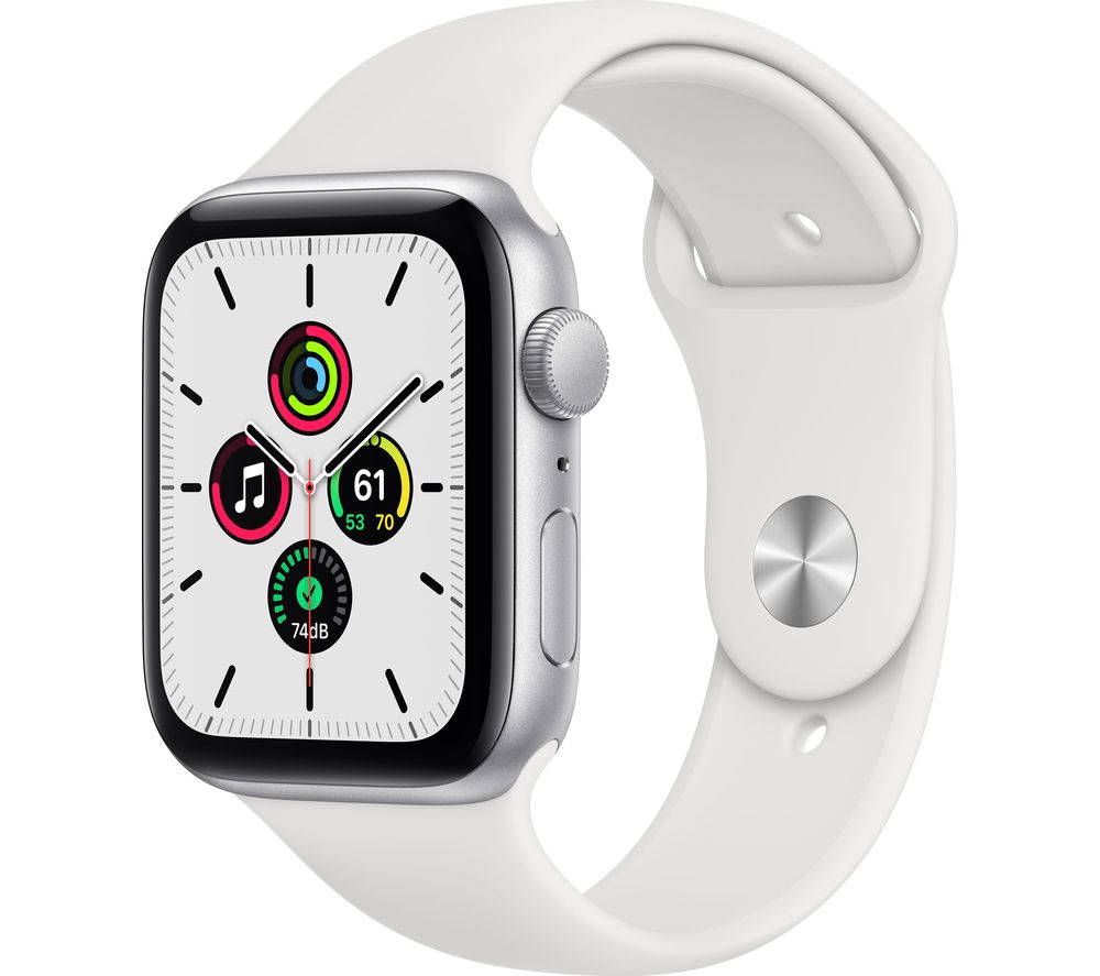 APPLE Watch SE - Silver Aluminium with White Sports Band, 44 mm