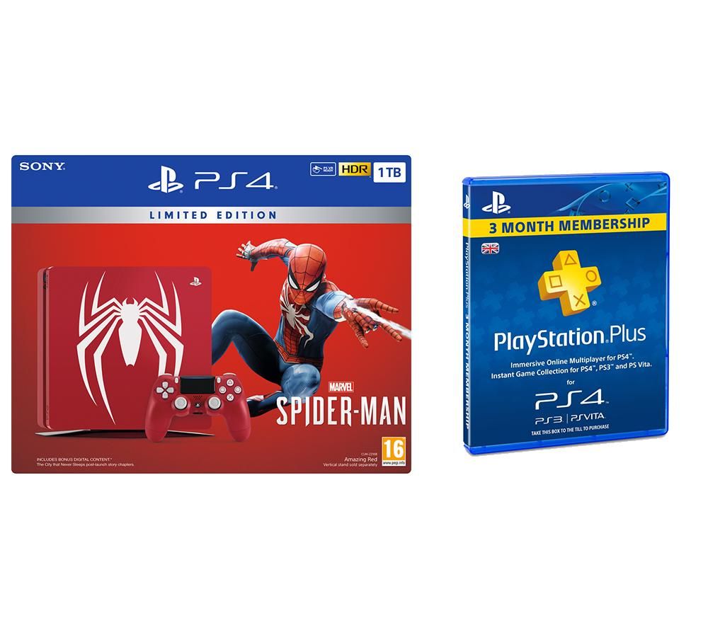 SONY PlayStation 4 Slim Limited Edition, Spider-Man & 3 Month Subscription Bundle, Red