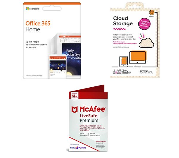 MICROSOFT Office 365 Home (1 year, 5 users), McAfee LiveSafe Premium (1 year, unlimited devices) & Team KnowHow Cloud Storage (1 year, 2 TB) Bundle