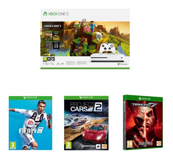MICROSOFT Xbox One S, Minecraft Holiday Edition, FIFA 19, Tekken 7 & Project Cars 2 Bundle