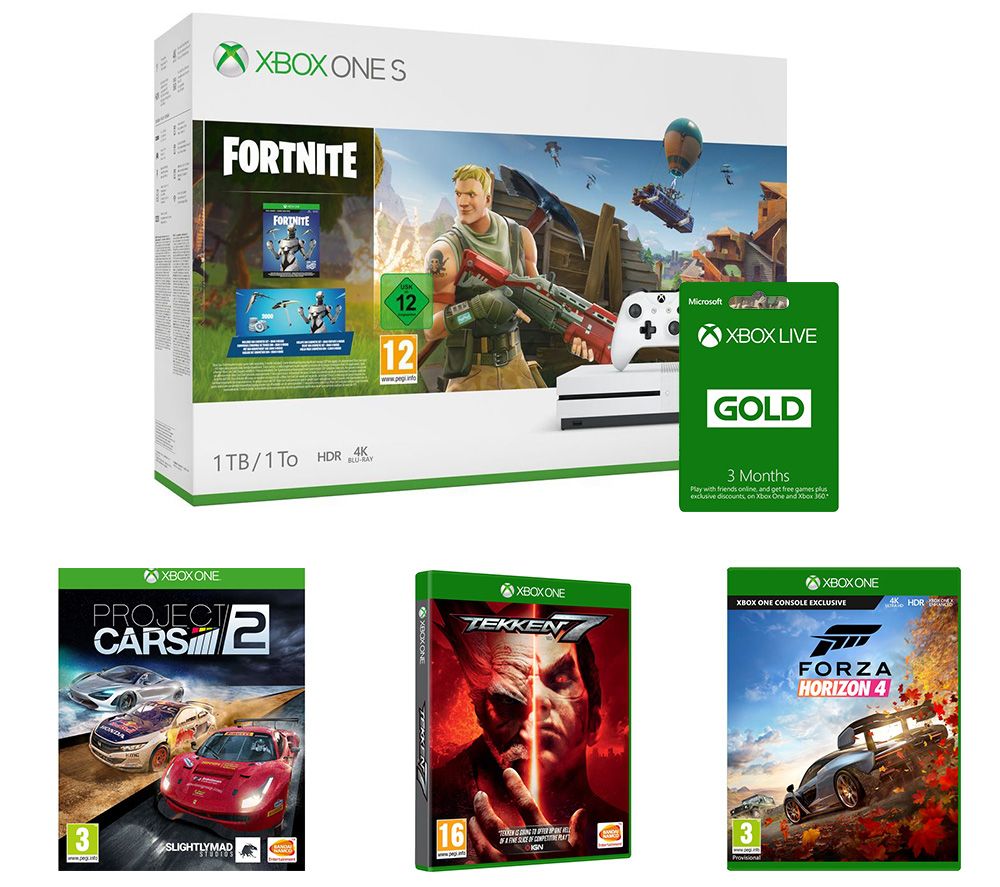 MICROSOFT Xbox One S, Fortnite Battle Royale, Forza Horizon 4, Tekken 7, Project Cars 2 & Xbox LIVE Gold Bundle, Gold