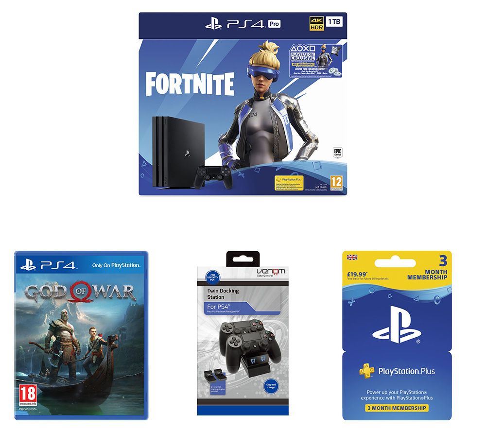 SONY PlayStation 4 Pro with Fortnite Neo Versa, Twin Docking Station, PlayStation Plus Subscription & God of War Bundle, Red