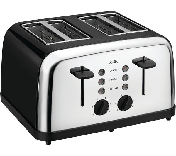 LOGIK L04TBK14 4-slice Toaster - Black & Silver, Black