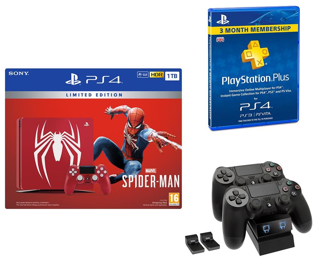 SONY PlayStation 4 Slim Limited Edition with Spider-Man, Twin Docking Station & 3 Month Subscription Bundle, Red