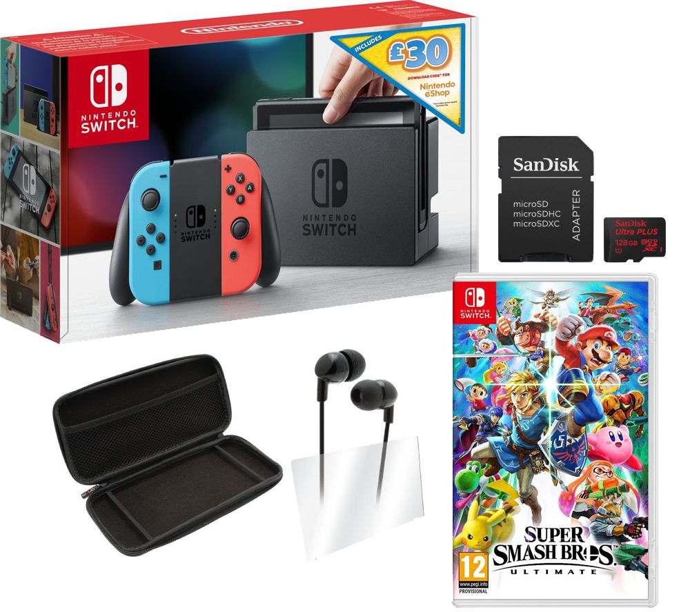 NINTENDO Switch Neon with £30 eShop Credit, Super Smash Bros. Ultimate, 128 GB Memory Card & Switch Starter Kit Bundle, Neon