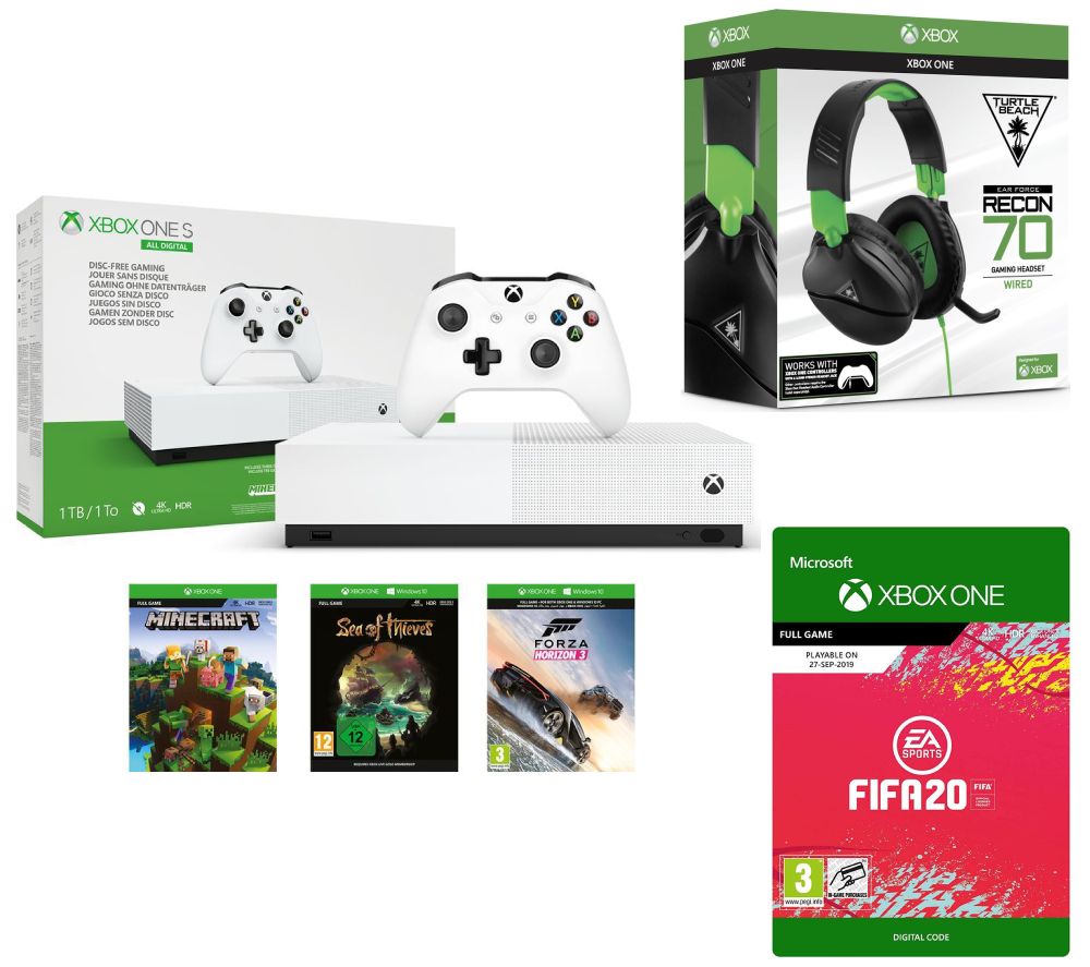 MICROSOFT Xbox One S All-Digital Edition, Minecraft, Forza Horizon 3, Sea of Thieves, FIFA 20, Xbox LIVE Gold & Recon 70X Gaming Headset Bundle, Gold